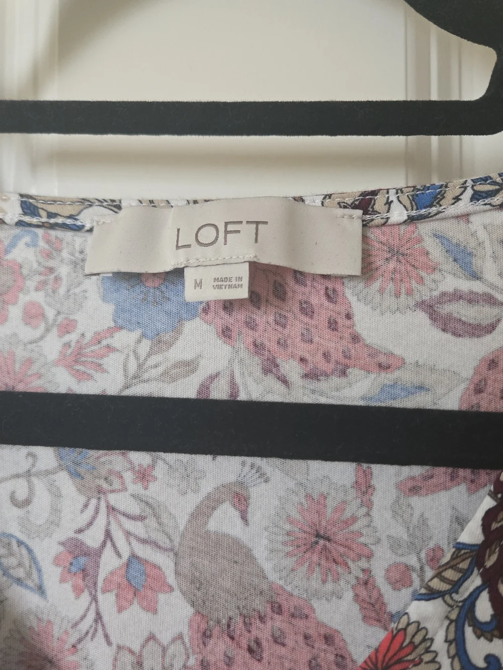 LOFT White Floral & Bird Puff-Sleeve Blouse with Blue and Red Accents